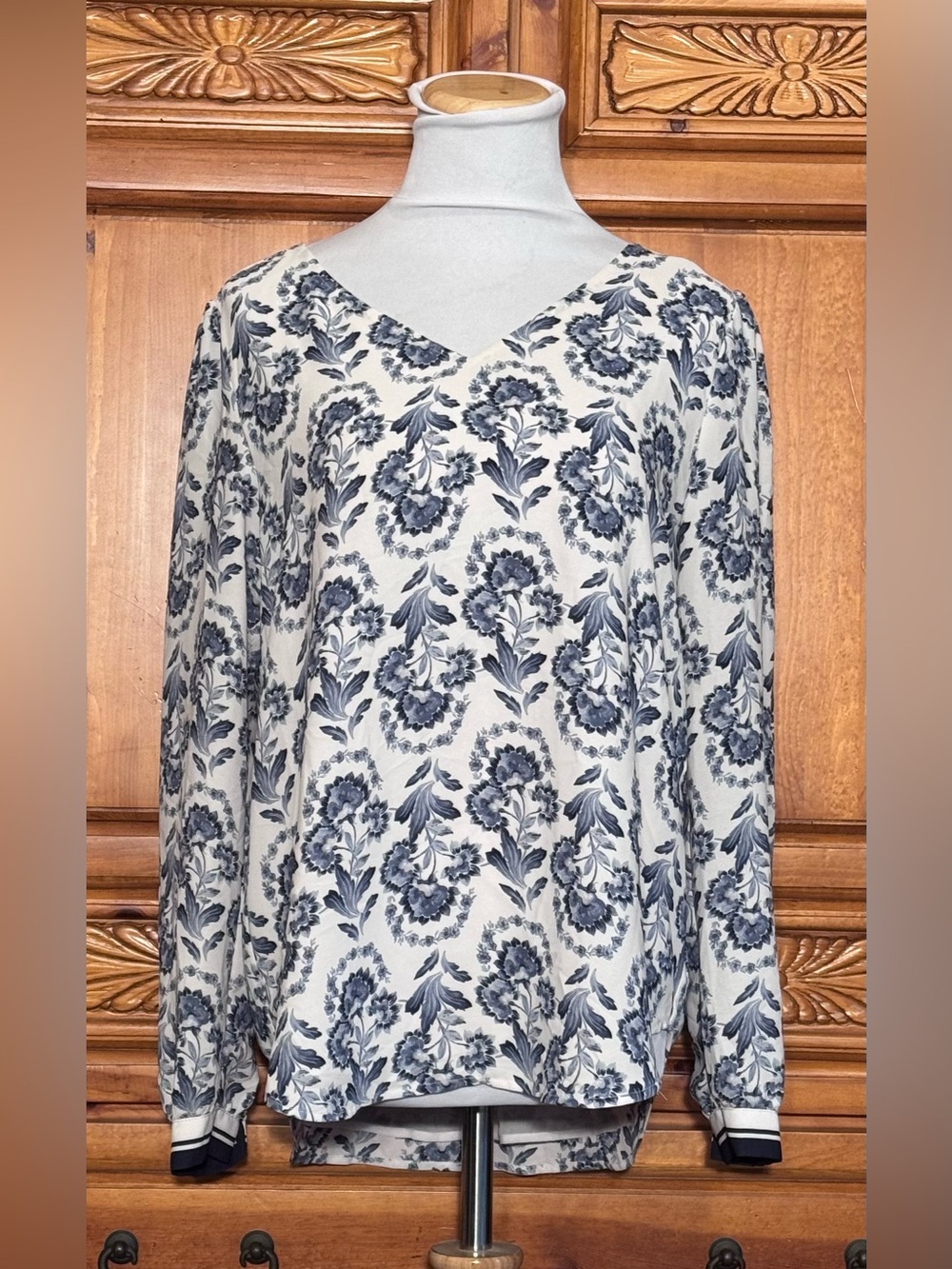 LOFT Cream Blouse with Blue Floral V-Neck